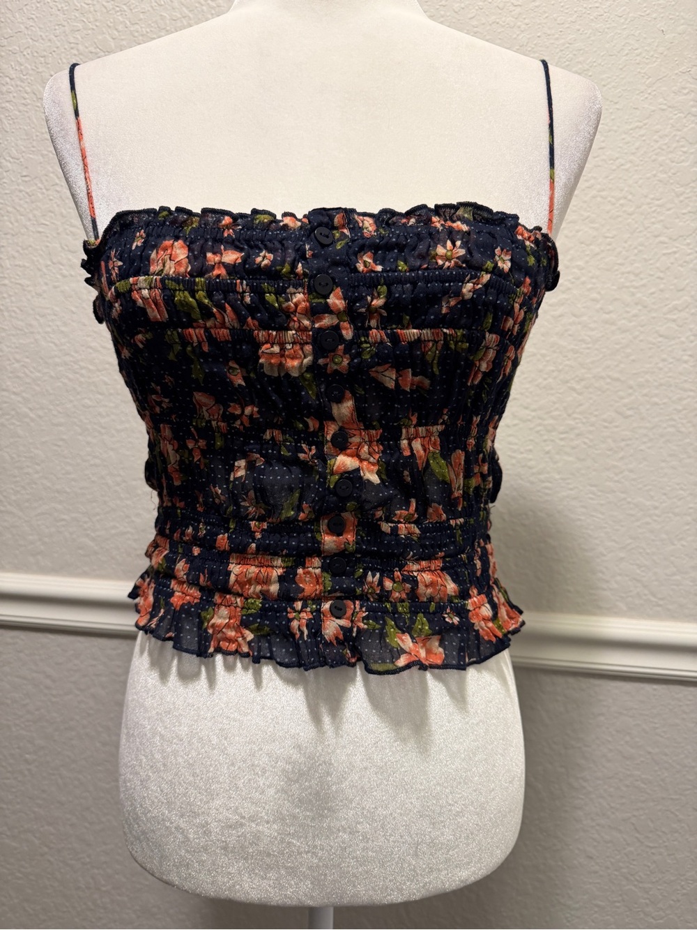 Smocked Floral Cami Top - Navy with Coral Flowers Size XS NWOT